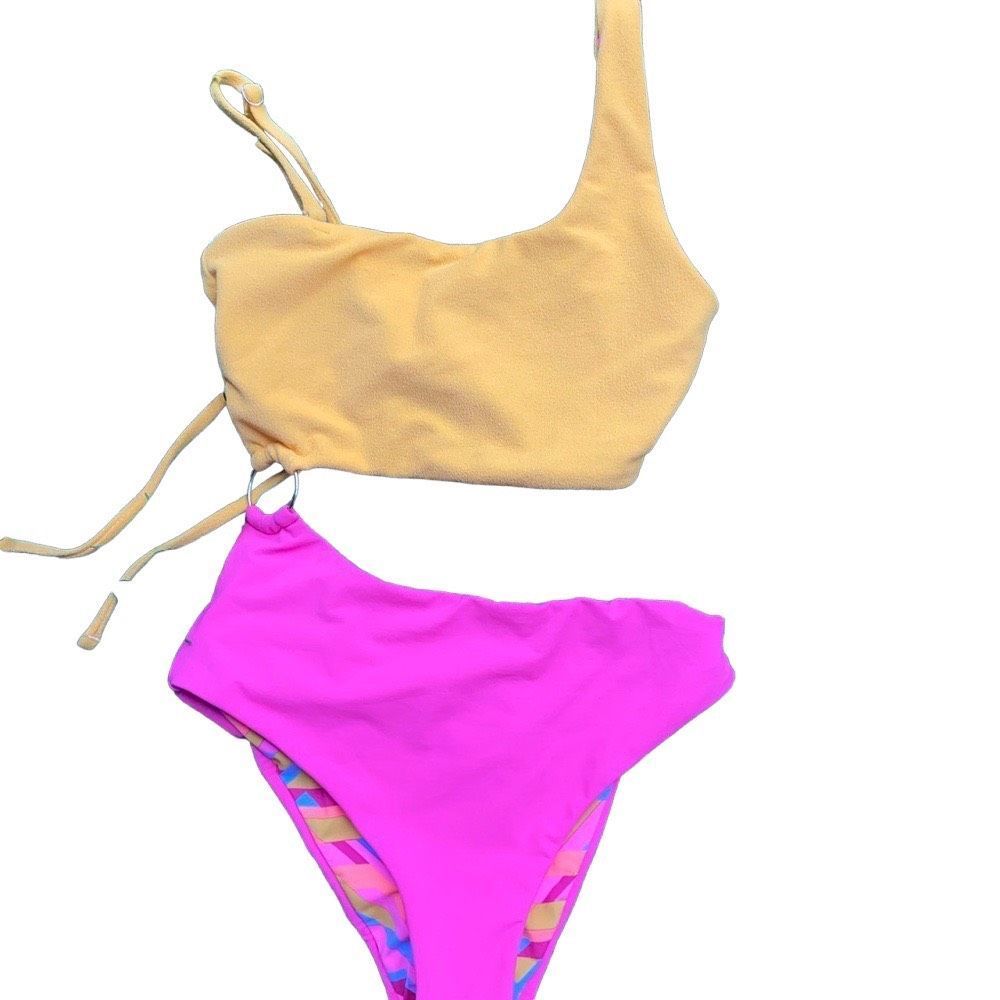Maaji NWOT One Piece Swimsuit Barbie Hot Pink Yellow Geometric Reversible Small